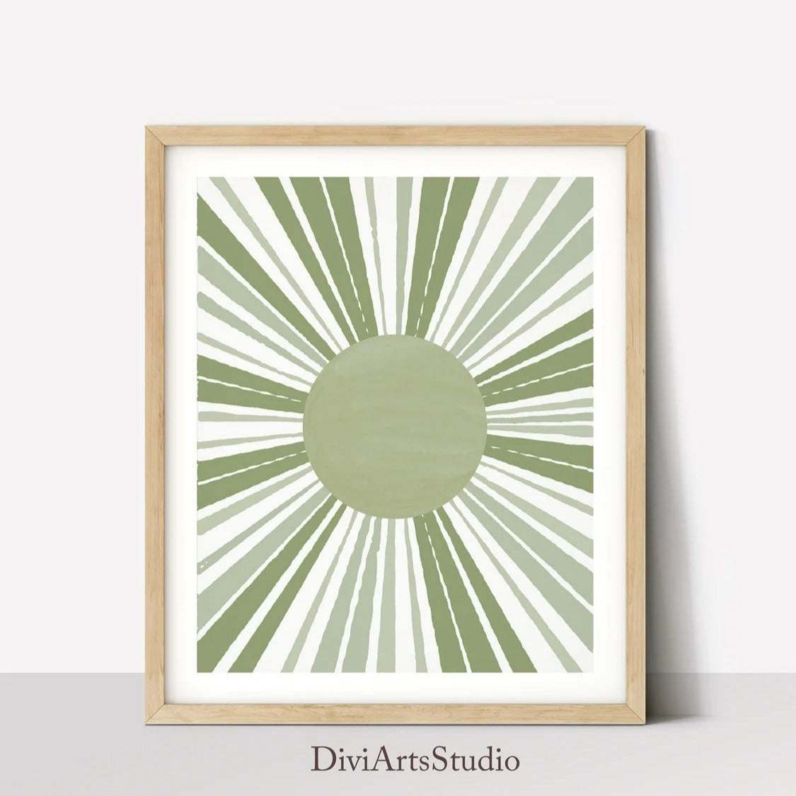 Sunburst print, Sun Wall Art, Sage Green Art Print, Mid Century Modern Sun Decor, Abstract Geometric Sun Rays Poster, Minimalist Sun