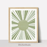 Sunburst print, Sun Wall Art, Sage Green Art Print, Mid Century Modern Sun Decor, Abstract Geometric Sun Rays Poster, Minimalist Sun