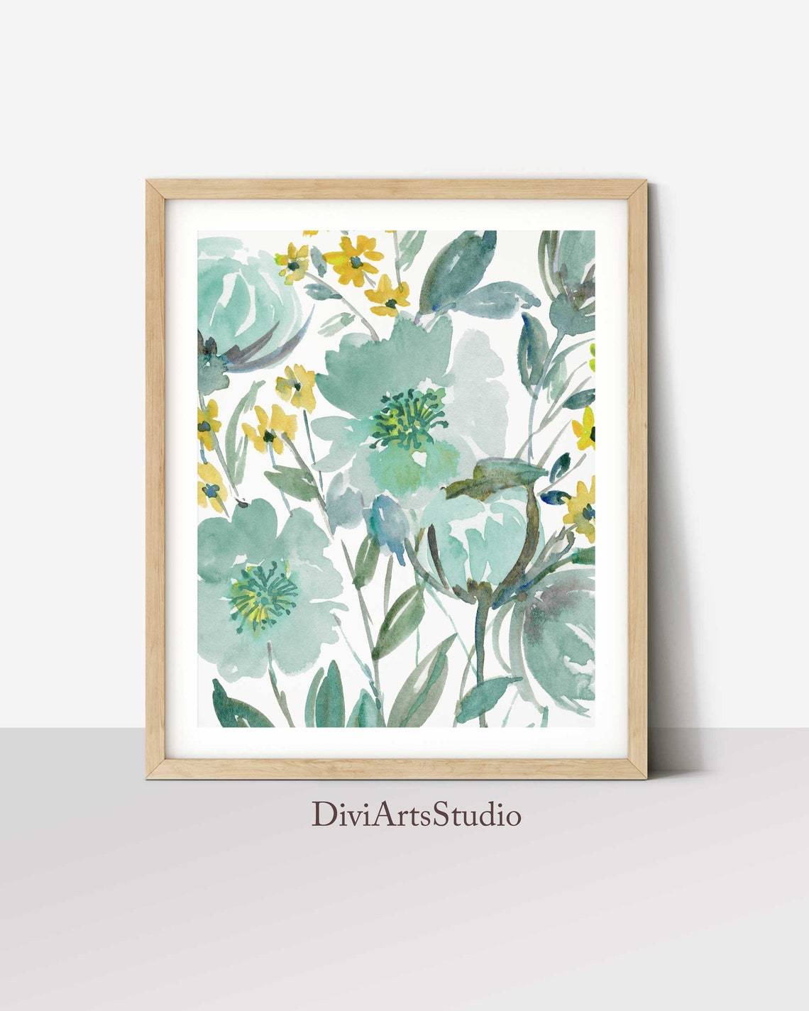 Abstract Floral Wall Art Print, Eye-Catching Teal Flower Wall Art Decor   Main image