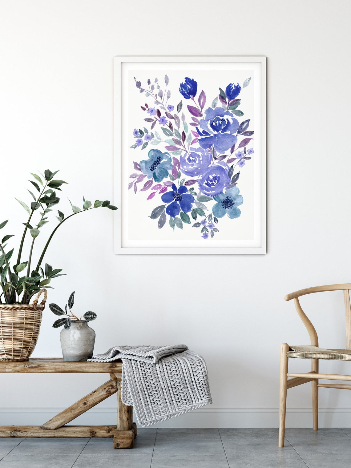 Watercolour Blue Floral Wall Art, Blue Floral prints Wall Art