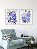 Watercolour Blue Floral Wall Art, Set of 2 Blue Floral Prints Wall Art