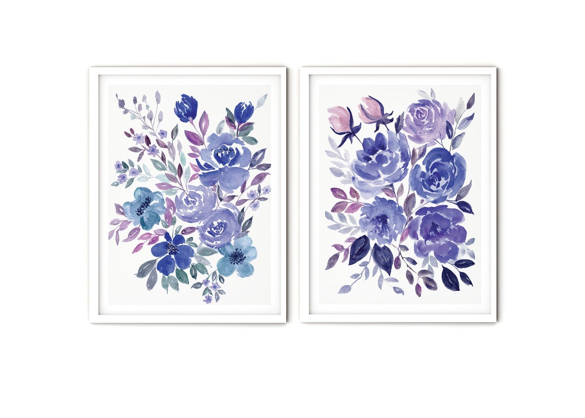 Arte de pared floral azul en acuarela, juego de 2 láminas de arte de pared floral azul Imagen secundaria del producto