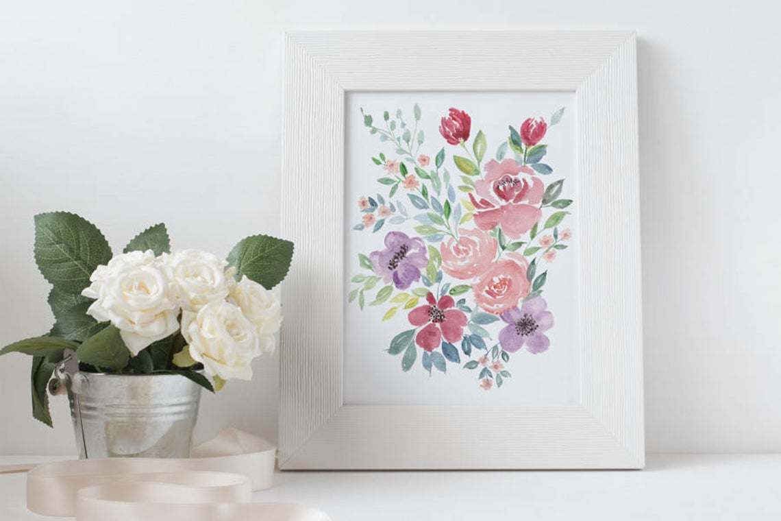 Watercolour Floral Print Roses Art, Floral Wall Art