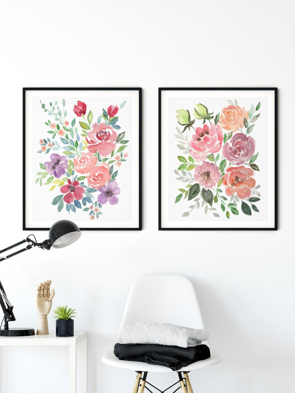 Watercolour Floral Print Roses Art, Floral Wall Art, Set of 2 Prints