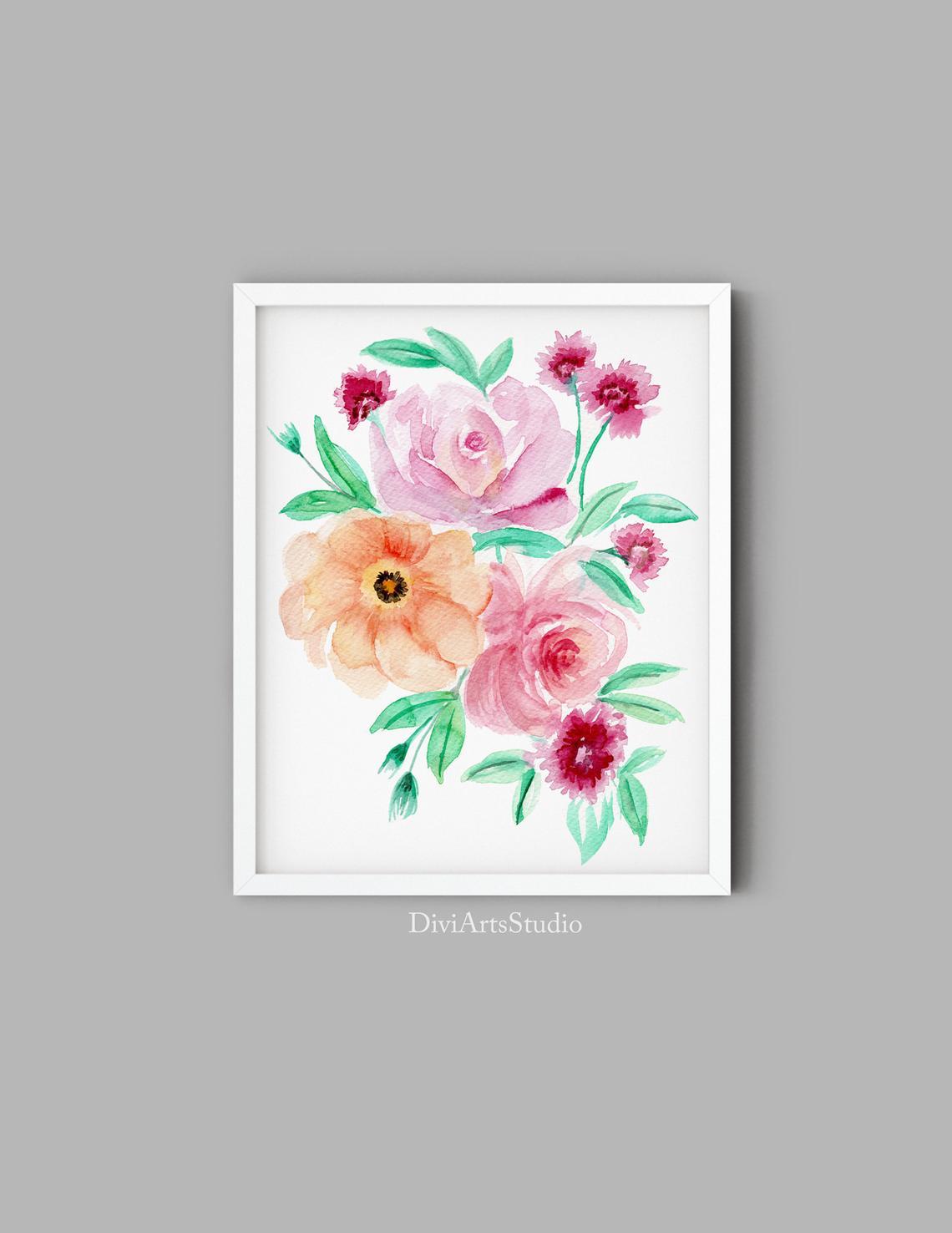 Watercolour Floral Wall Art Print, Peonies Floral Art Print Main image