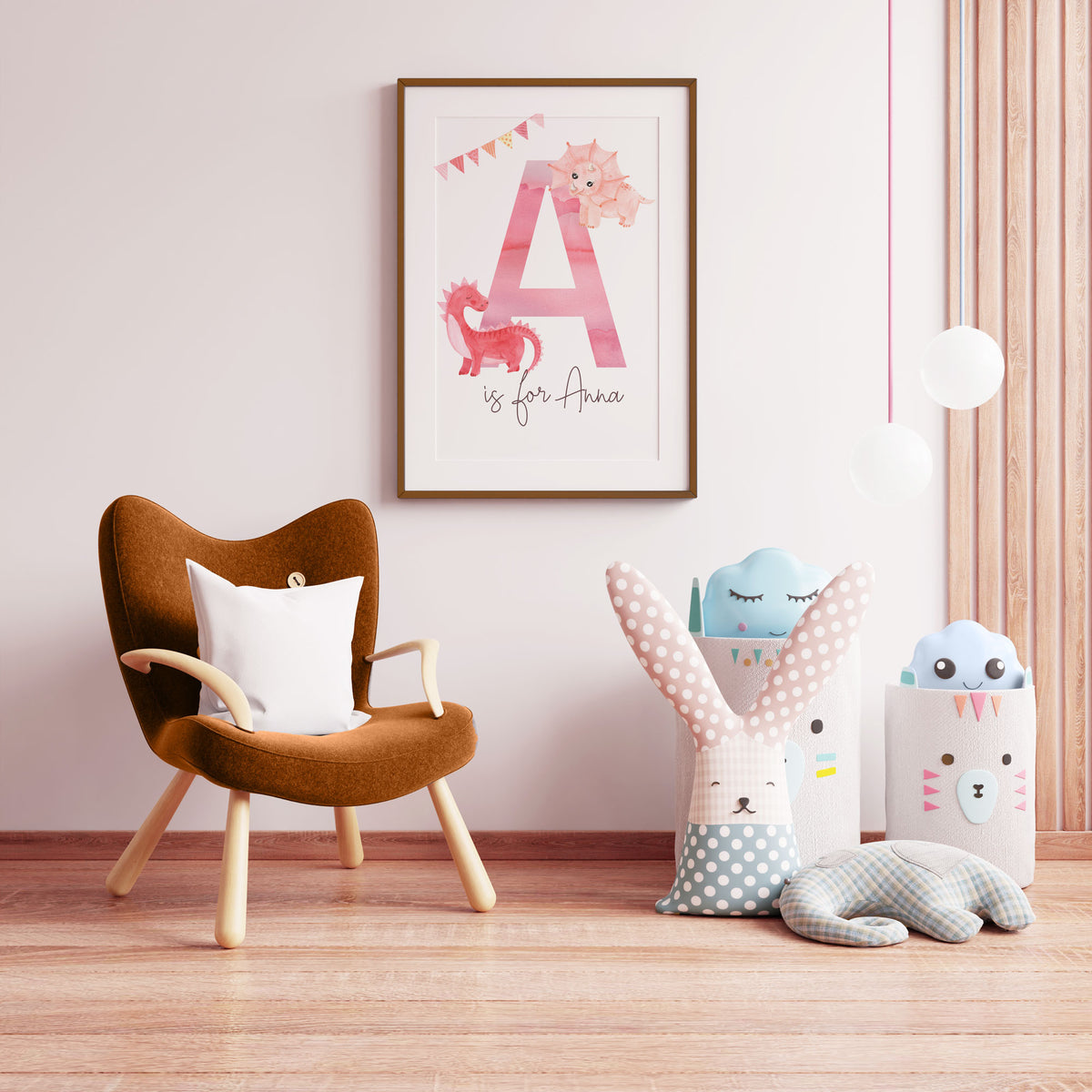 Blush Pink Personalized Girl Nursery Dinosaur Art Print, Blush Pink Wall Art