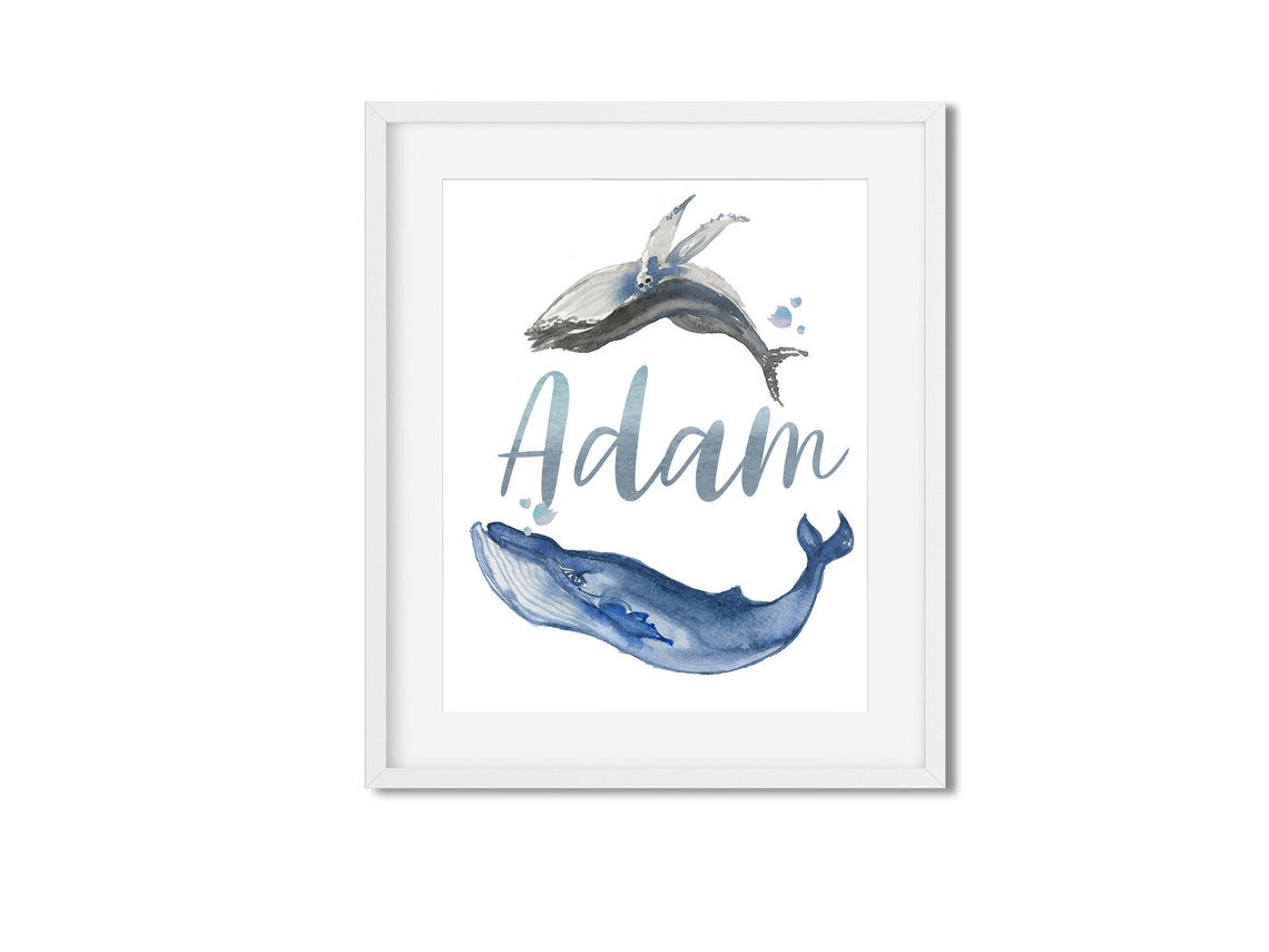 Baby name Print for nursery boy, Baby boy nursery nautical, Sea Life Nursery Wall Art, Nursery whale print, Nursery Name Art Main image