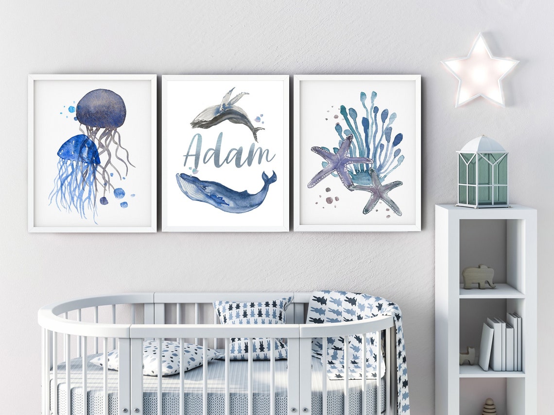 Sea Life Nursery Wall Art, Baby Name Signs for Nursery Boy, Set of 3 prints, Baby boy nursery nautical, Name Print for nursery boy Main image
