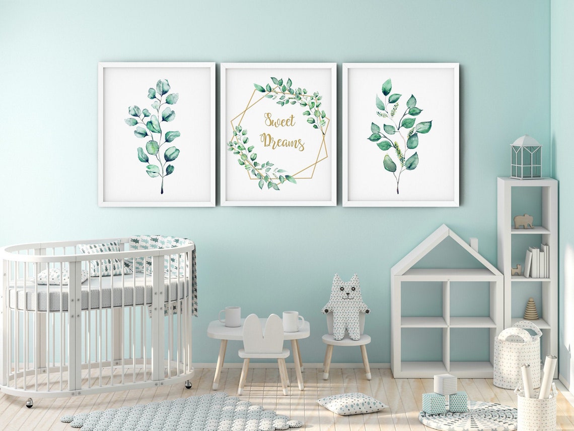 Gender Neutral Nursery Prints, Set of 3 Eucalyptus Prints, Nursery Name Sign, Printable Nursery Wall Art Main image