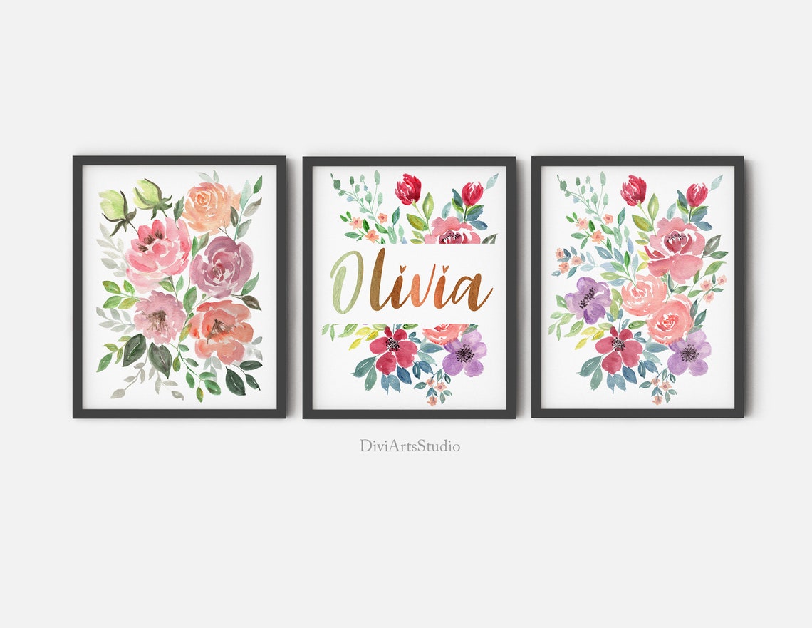 Set of 3 Custom Kids Name Print with Baby Name Print and Floral Art Wa –  DiviArts Studio