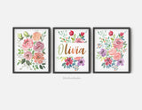 Set of 3 Custom Kids Name Print with Baby Name Print and Floral Art Wall Print