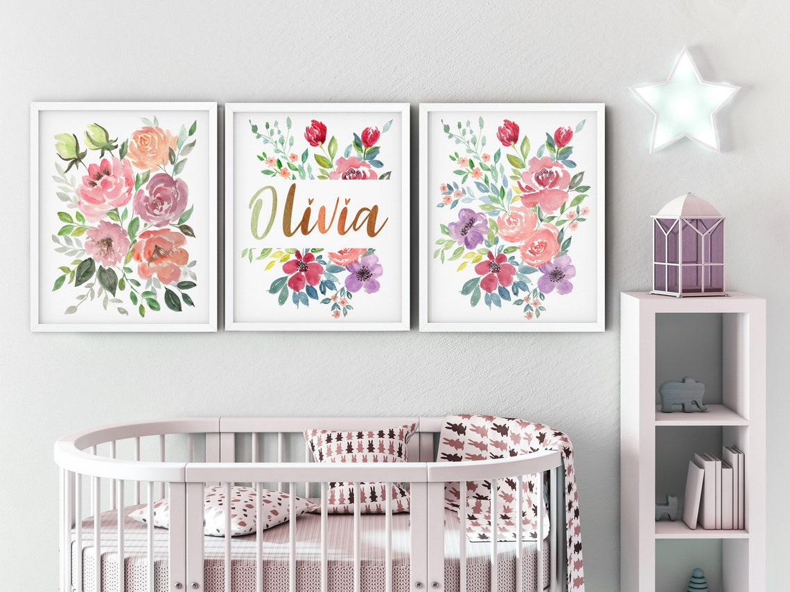 Baby Name Print, Girl Nursery Custom Name Print, Set of 3 Watercolor Floral, Baby Name Sign, Baby Girl Floral Art, Custom Kids Name Print Main image