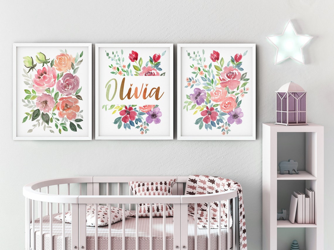 Baby Name Print, Girl Nursery Custom Name Print, Set of 3 Watercolor Floral, Baby Name Sign, Baby Girl Floral Art, Custom Kids Name Print
