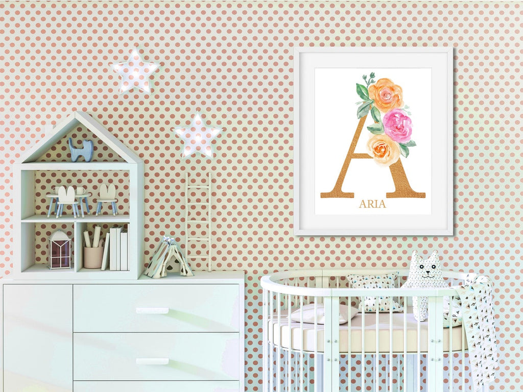 Floral Nursery Name Sign Print, Set of 2 Watercolor Floral Baby Name Signs