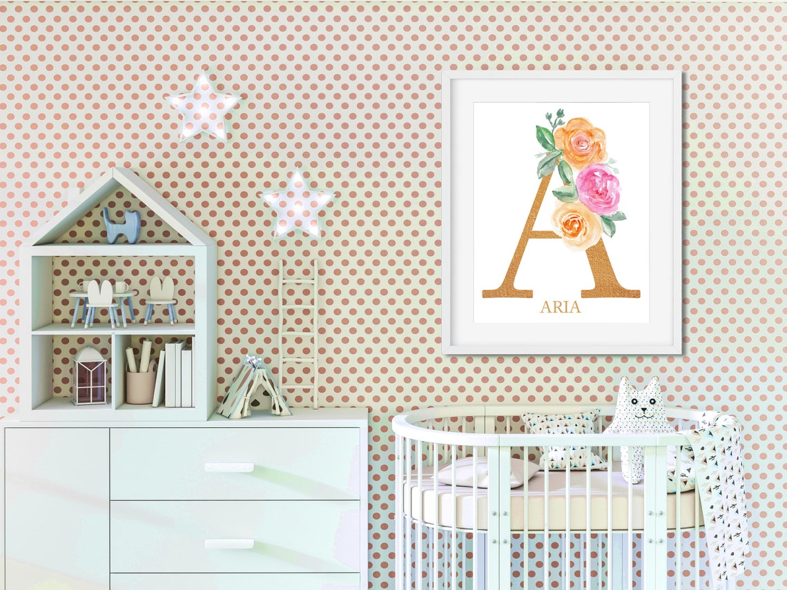 Floral Nursery Name Sign Print, Set of 2 Watercolor Floral Baby Name Signs