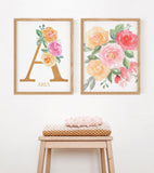 Floral Nursery Name Sign Print, Set of 2 Watercolor Floral Baby Name Signs