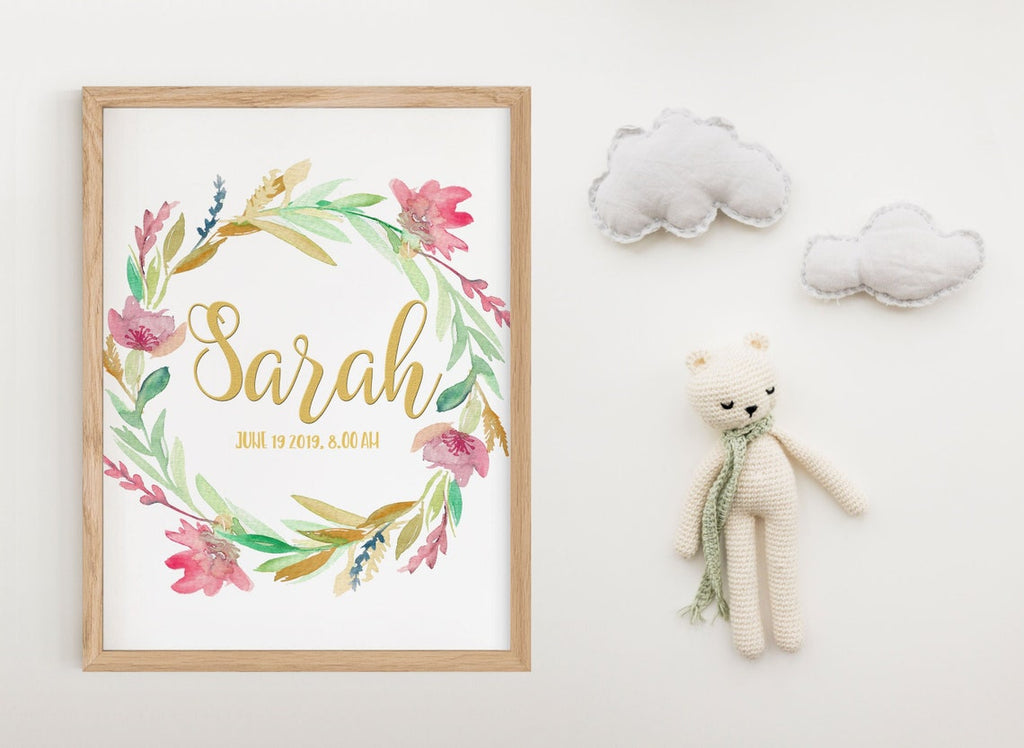 Nursery Name Print, Nursery Name Sign Girl, Nursery Custom Name Print, Watercolor Floral, Baby Name Art, Custom Kids Name Print
