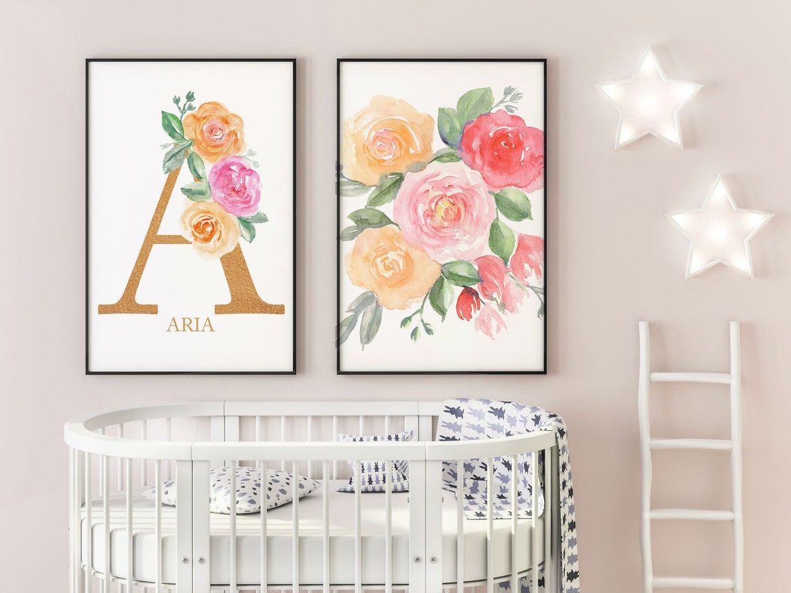 Nursery Name Sign, Watercolor Floral Baby Name Signs, Set of 2 prints, Printable Nursery Wall Art, Nursery Initial Print, Flower Name Print Main image