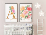 Nursery Name Sign, Watercolor Floral Baby Name Signs, Set of 2 prints, Printable Nursery Wall Art, Nursery Initial Print, Flower Name Print