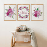 Floral Nursery Decor, Set of 3 Personalized Baby Name Print, Custom Nursery Wall Art Set