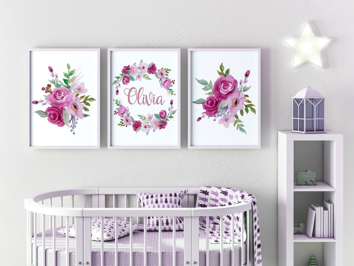 Decoración floral para cuarto de bebé, juego de 3 impresiones personalizadas con nombre de bebé, juego de arte de pared personalizado para cuarto de bebé Imagen secundaria del producto