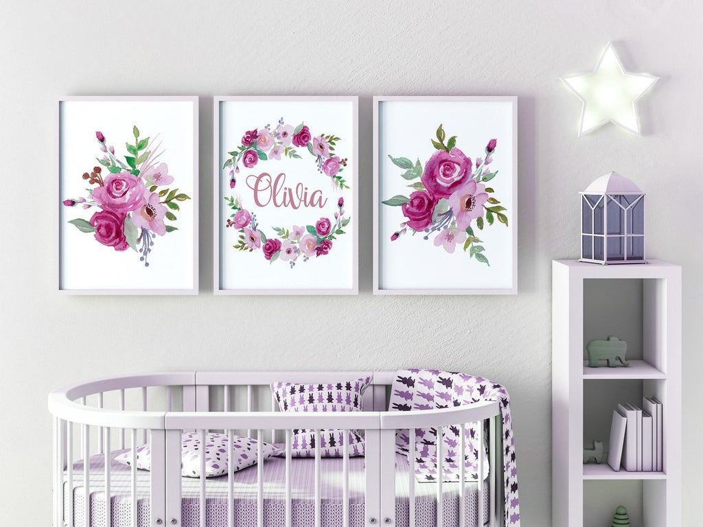 Floral Nursery Decor, Set of 3 Personalized Baby Name Print, Custom Nursery Wall Art Set