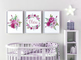 Floral Nursery Decor, Set of 3 Personalized Baby Name Print, Custom Nursery Wall Art Set