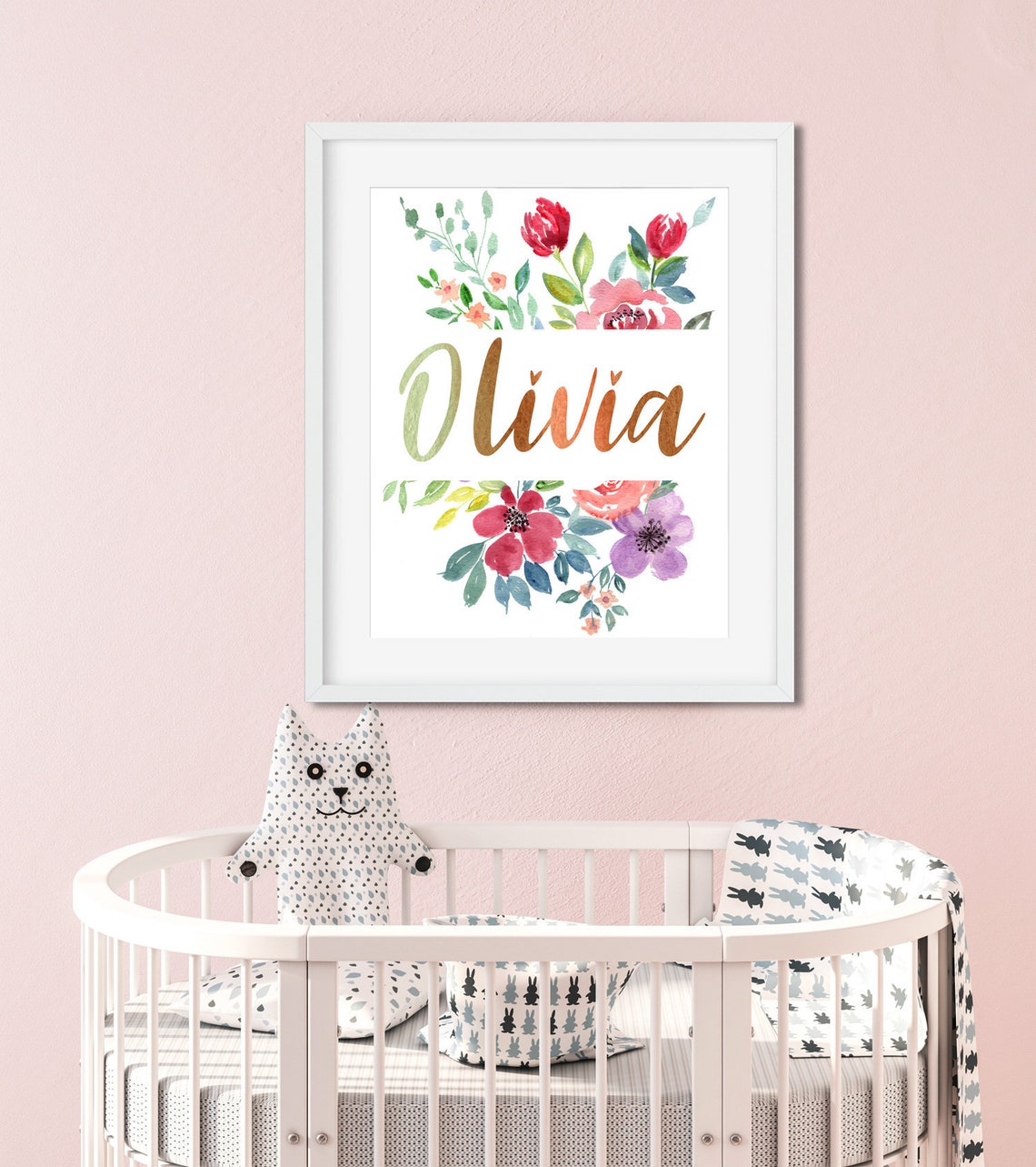 Baby Name Print, Girl Nursery Custom Name Print, Watercolor Floral, Baby Name Sign, Baby Girl Floral Art, Custom Kids Name Print Main image