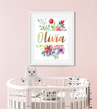 Baby Name Print, Girl Nursery Custom Name Print, Watercolor Floral, Baby Name Sign, Baby Girl Floral Art, Custom Kids Name Print