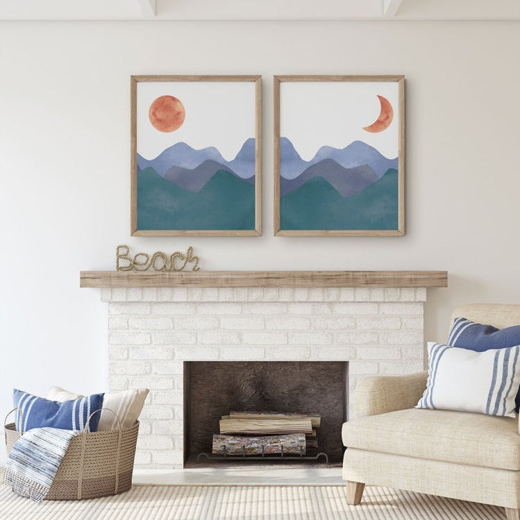 Sun Moon Abstract Print, Terracotta Set of Two Prints, Boho Wall Art Prints, Blue Abstract Wall Art, Minimalist Art Prints Main image