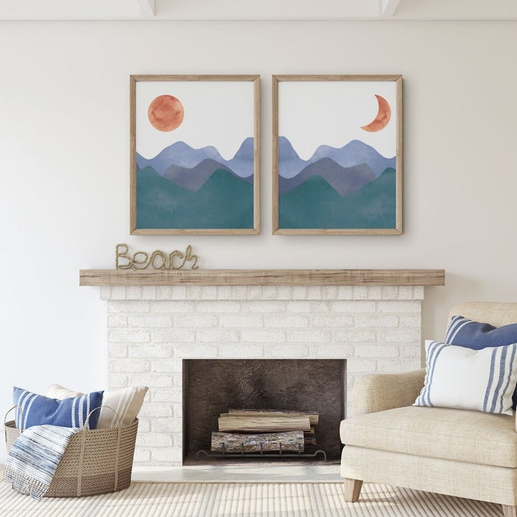 Sun Moon Abstract Print, Terracotta Set of Two Prints, Boho Wall Art Prints, Blue Abstract Wall Art, Minimalist Art Prints