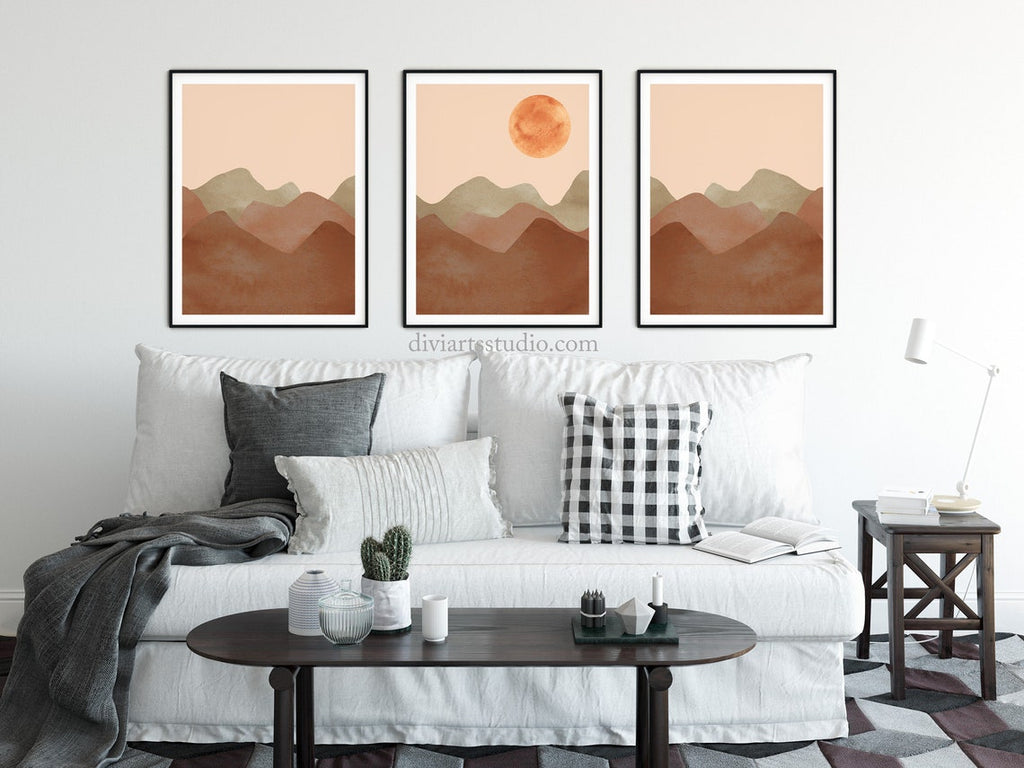 Abstract Prints set of 3, Mid Century Modern Art Print, Terracotta prints, Triptych wall art, Abstract Mountain Wall Art