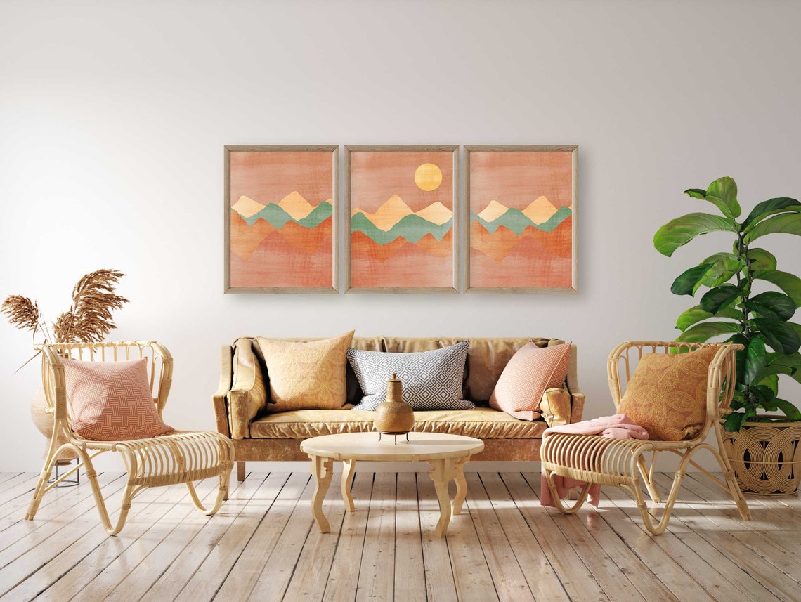 Lot de 3 œuvres murales, tirages abstraits montagne, lot de tirages terracotta, tirage d'art moderne du milieu du siècle, tirage de paysage bohème, tirage désert et soleil Image secondaire du produit