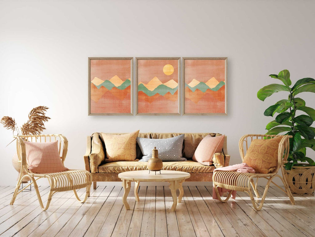Wall Art Set of 3, Mountain Abstract Prints,Terracotta prints set, Mid Century Modern Art Print, Boho landscape print, Sun Desert Print