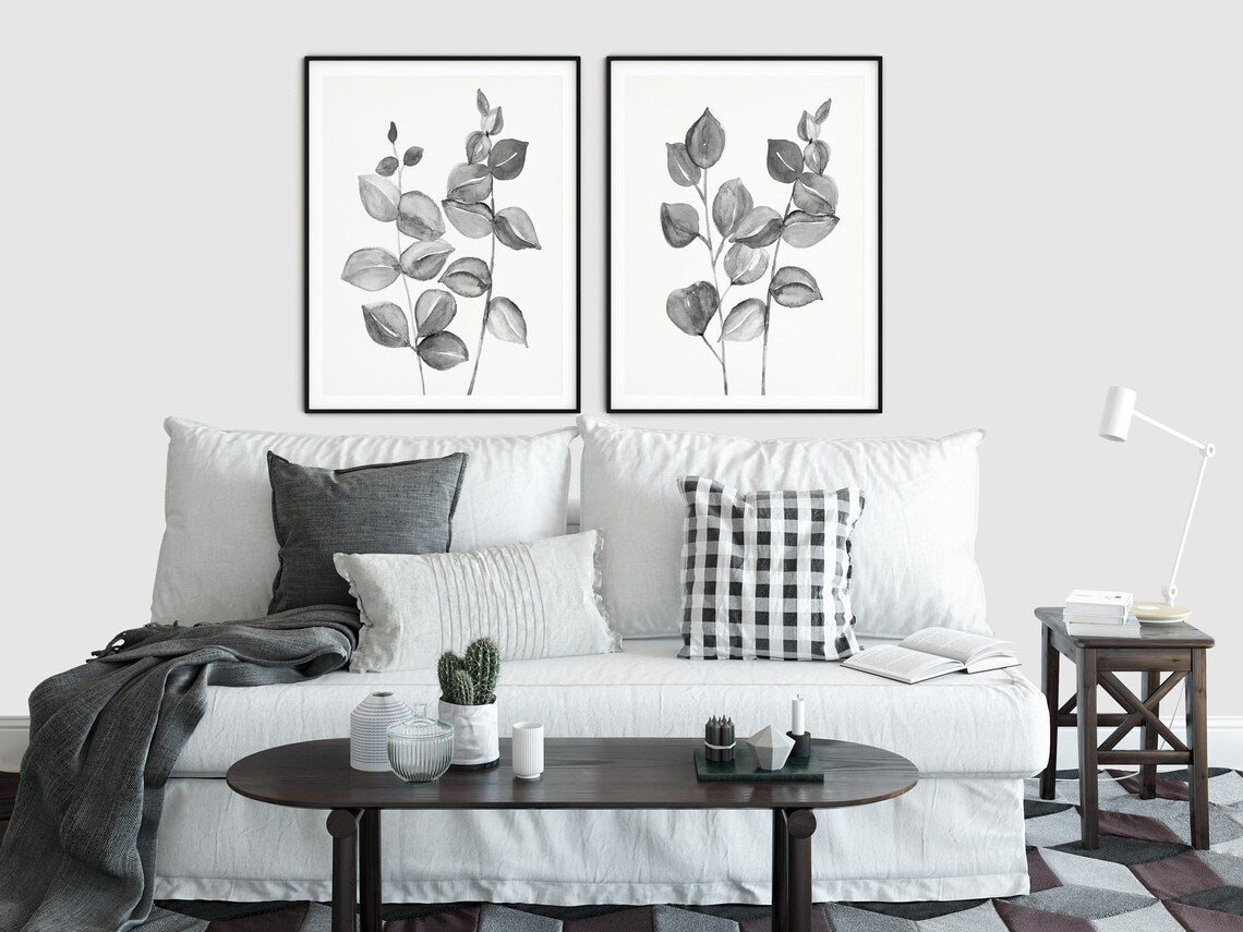 Black and white Botanical prints, Eucalyptus wall art, Set of 2 prints, Eucalyptus Art Prints, Living room decor, Hallway decor Main image