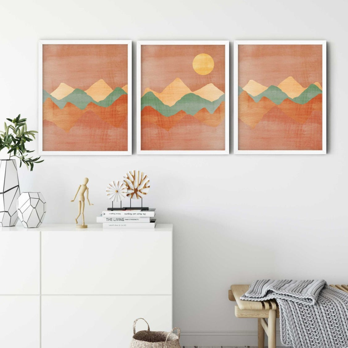 Wall Art Set of 3, Mountain Abstract Prints,Terracotta prints set, Mid Century Modern Art Print, Boho landscape print, Sun Desert Print Main image