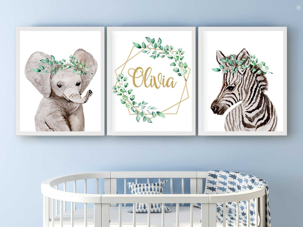 Set of 3 Safari Nursery Décor, Personalized Kids Room Wall Art Prints Set, Girl Nursery Wall Art Set