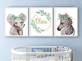 Set of 3 Safari Nursery Décor, Personalized Kids Room Wall Art Prints Set , Girl Nursery Wall Art Set