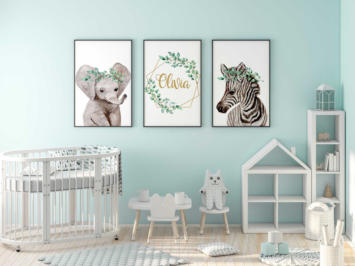 Girl Nursery Wall Art, boho elephant, Name Art for Nursery Girl, Safari Nursery Prints, Safari Nursery Decor, Zebra Nursery Art Personalized Main image