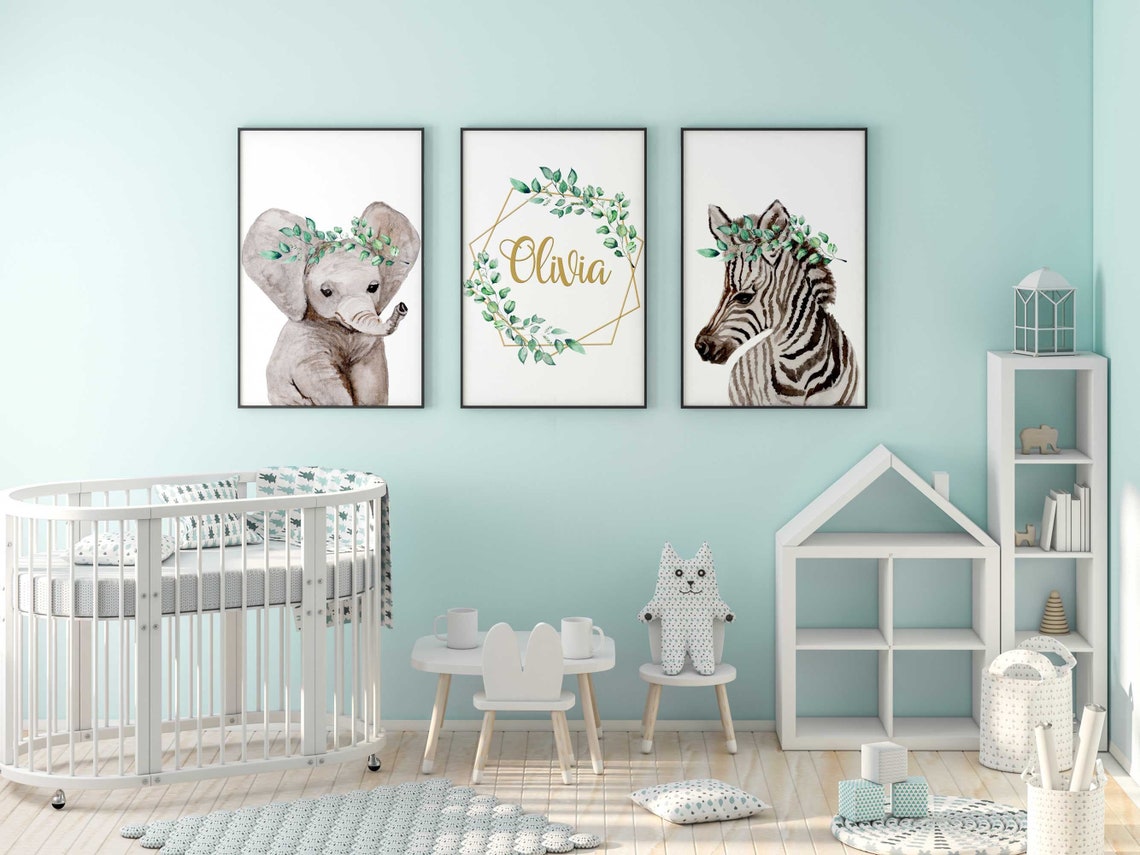 Girl Nursery Wall Art, boho elephant, Name Art for Nursery Girl, Safari Nursery Prints, Safari Nursery Decor, Zebra Nursery Art Personalized