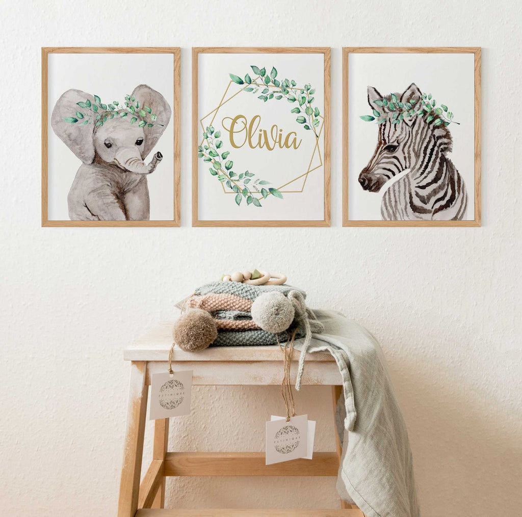 Set of 3 Safari Nursery Décor, Personalized Kids Room Wall Art Prints Set, Girl Nursery Wall Art Set