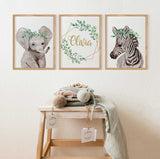 Set of 3 Safari Nursery Décor, Personalized Kids Room Wall Art Prints Set , Girl Nursery Wall Art Set