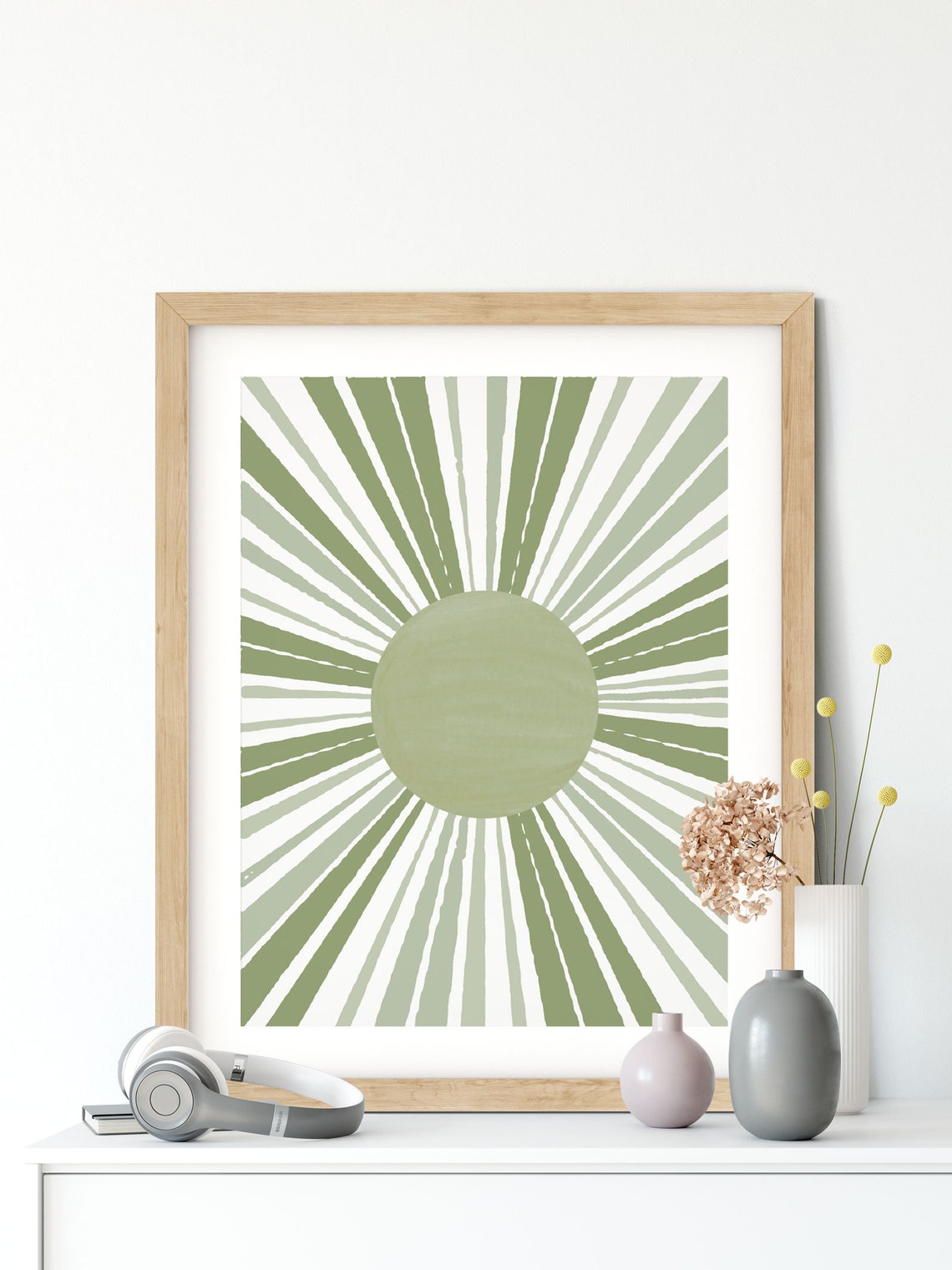 Sunburst Print Wall Art Print in Sage Green, Minimalist Sun Art