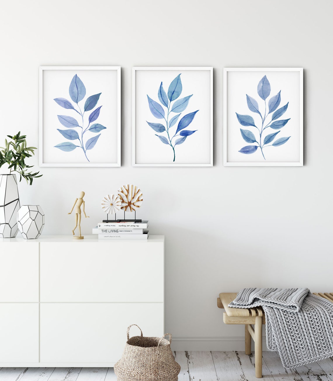 Botanical Wall Art in Blue, Leaf-Print Bedroom Wall Decor