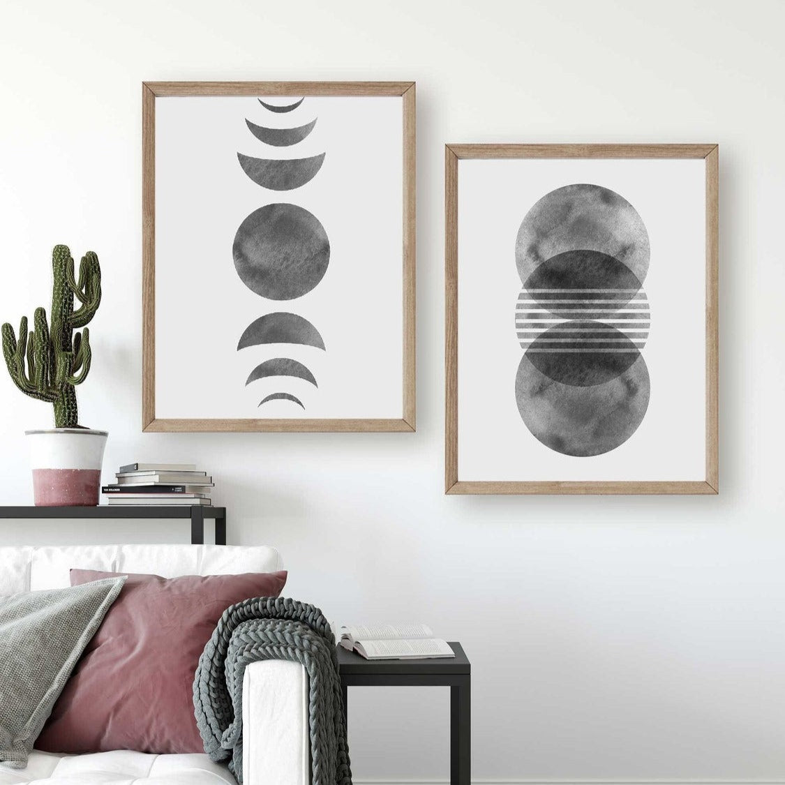 Black and grey Sun Moon Print, Set of 2 Prints, Abstract Sun, Boho Wall Art, Moon Phases Poster, Mid Century Modern Prints Main image