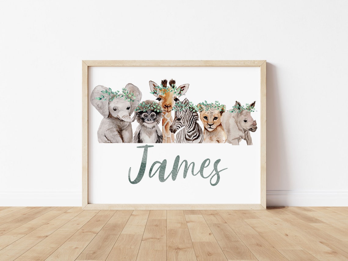 Safari Nursery Personalized Name Print, Custom Name Nursery Wall Art