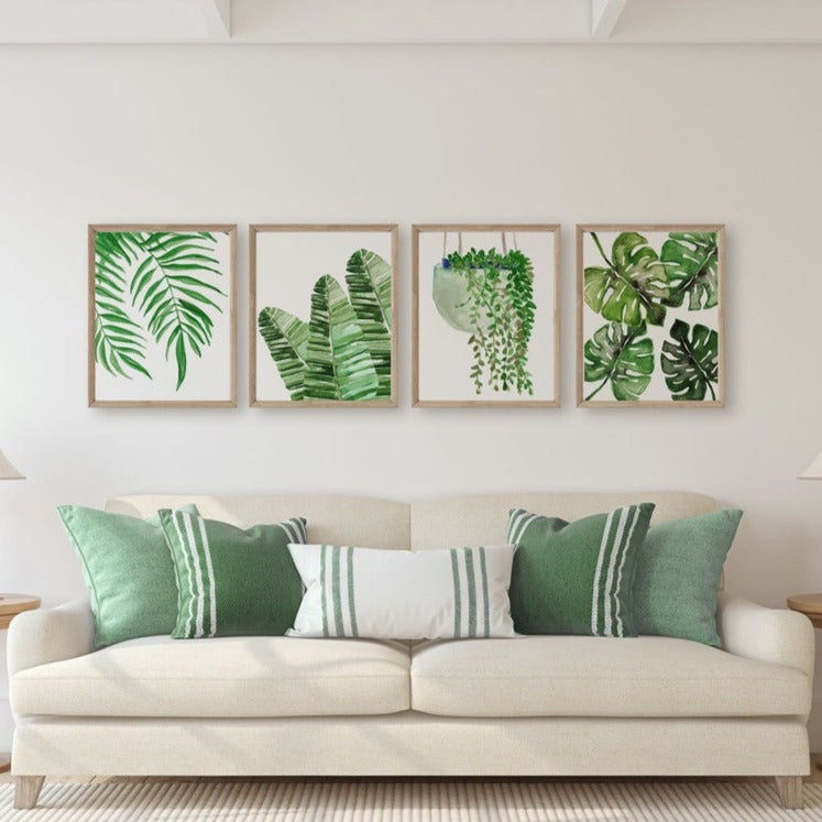 Set of 4 Botanical Leaf Print, Watercolor Tropical Leaf Wall Art, leaf poster, Monstera Leaf Print, Living Room Art, Plant Lovers Gift