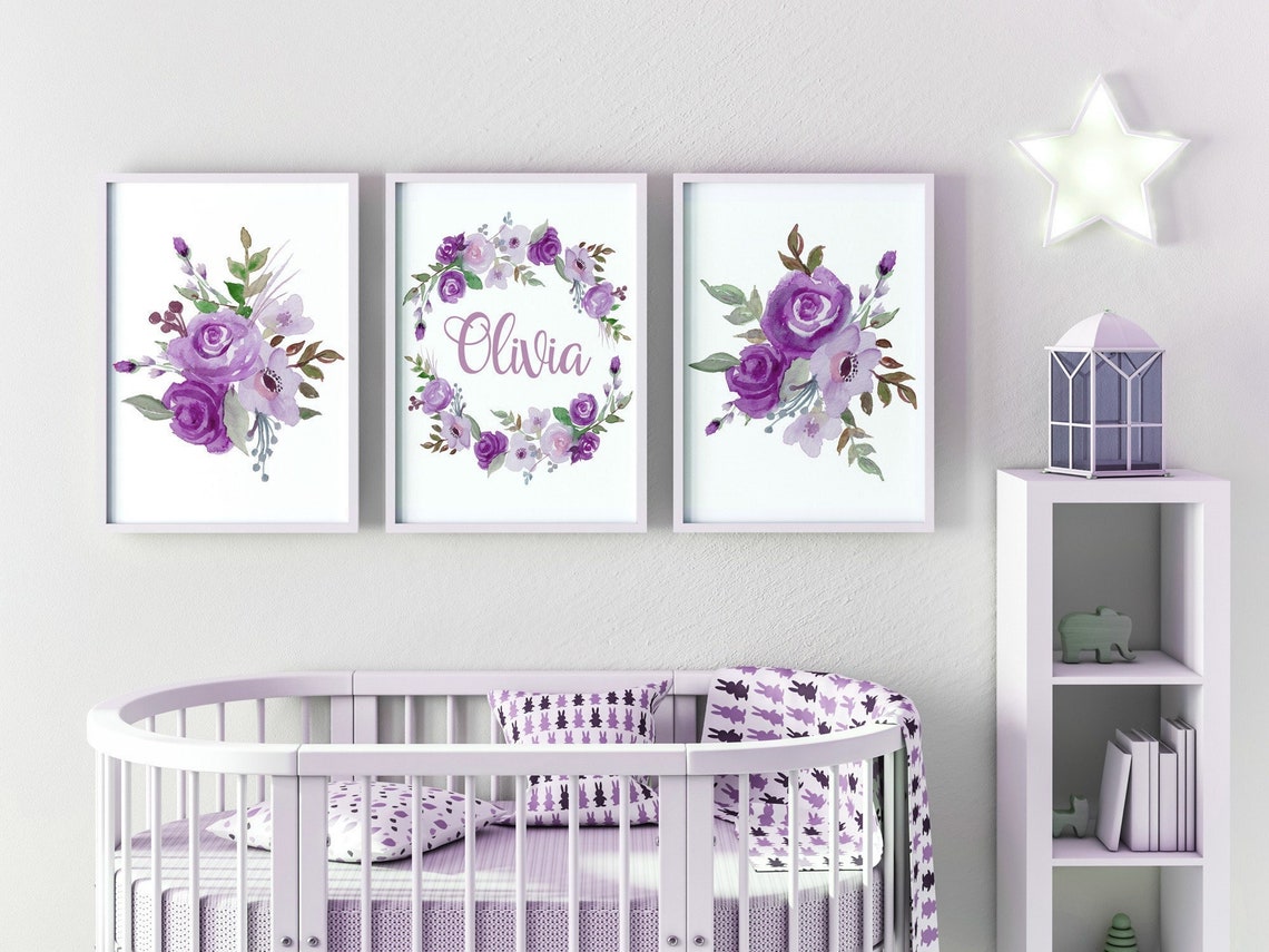 Lilac Nursery Decor, Purple Flower Nursery, Accent Wall Girl, Floral Prints Nursery, Personalized Baby Name Print, Custom Nursery Wall Art