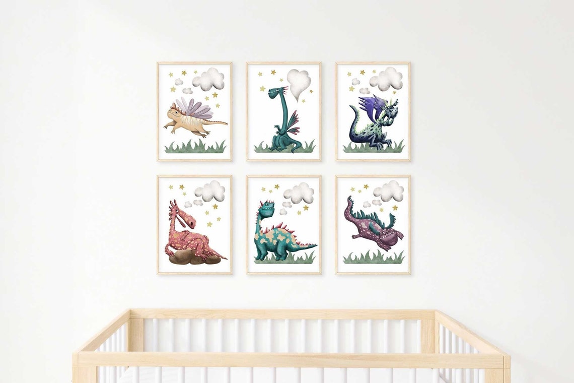Dragon Nursery Print, set of 6 dragon kids art, Girl Dragon Nursery, Kids Dragon Wall Decor, Fantasy Kids room art Main image