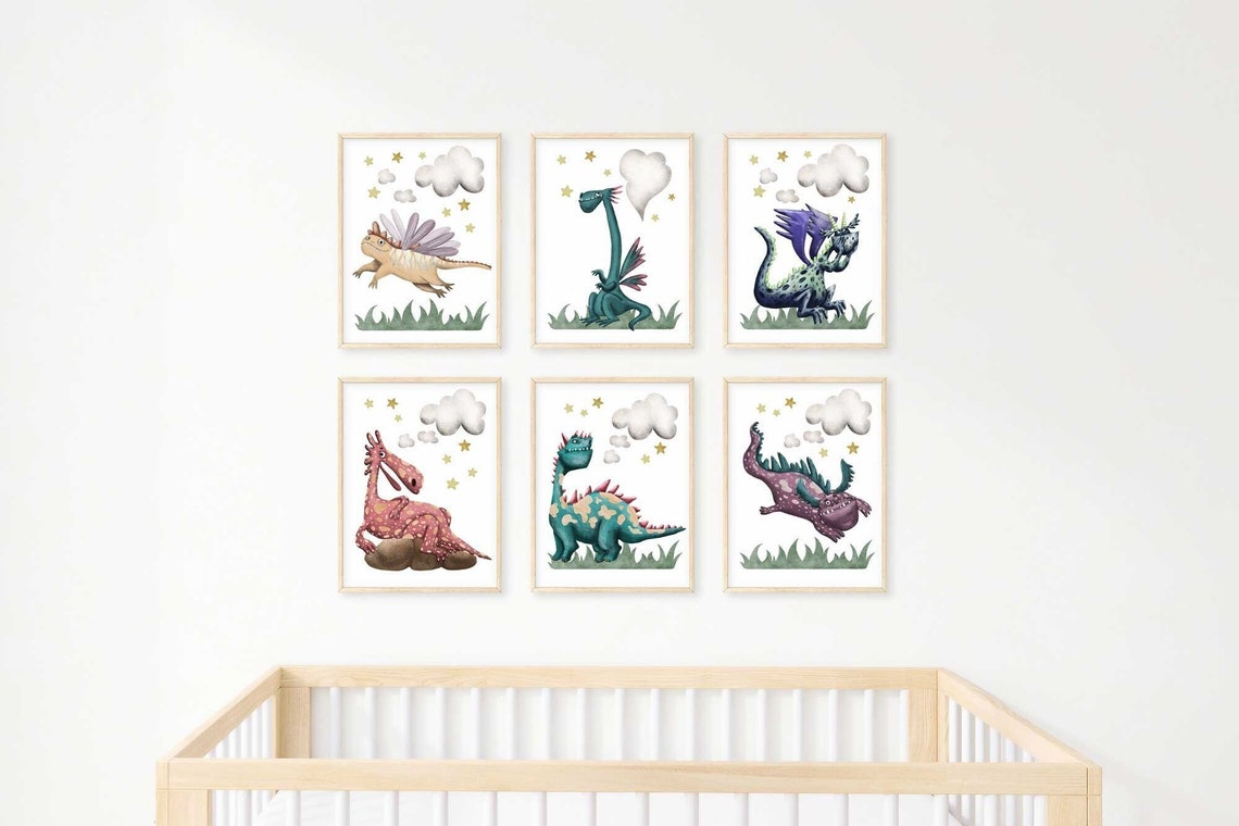Dragon Nursery Print, set of 6 dragon kids art, Girl Dragon Nursery, Kids Dragon Wall Decor, Fantasy Kids room art